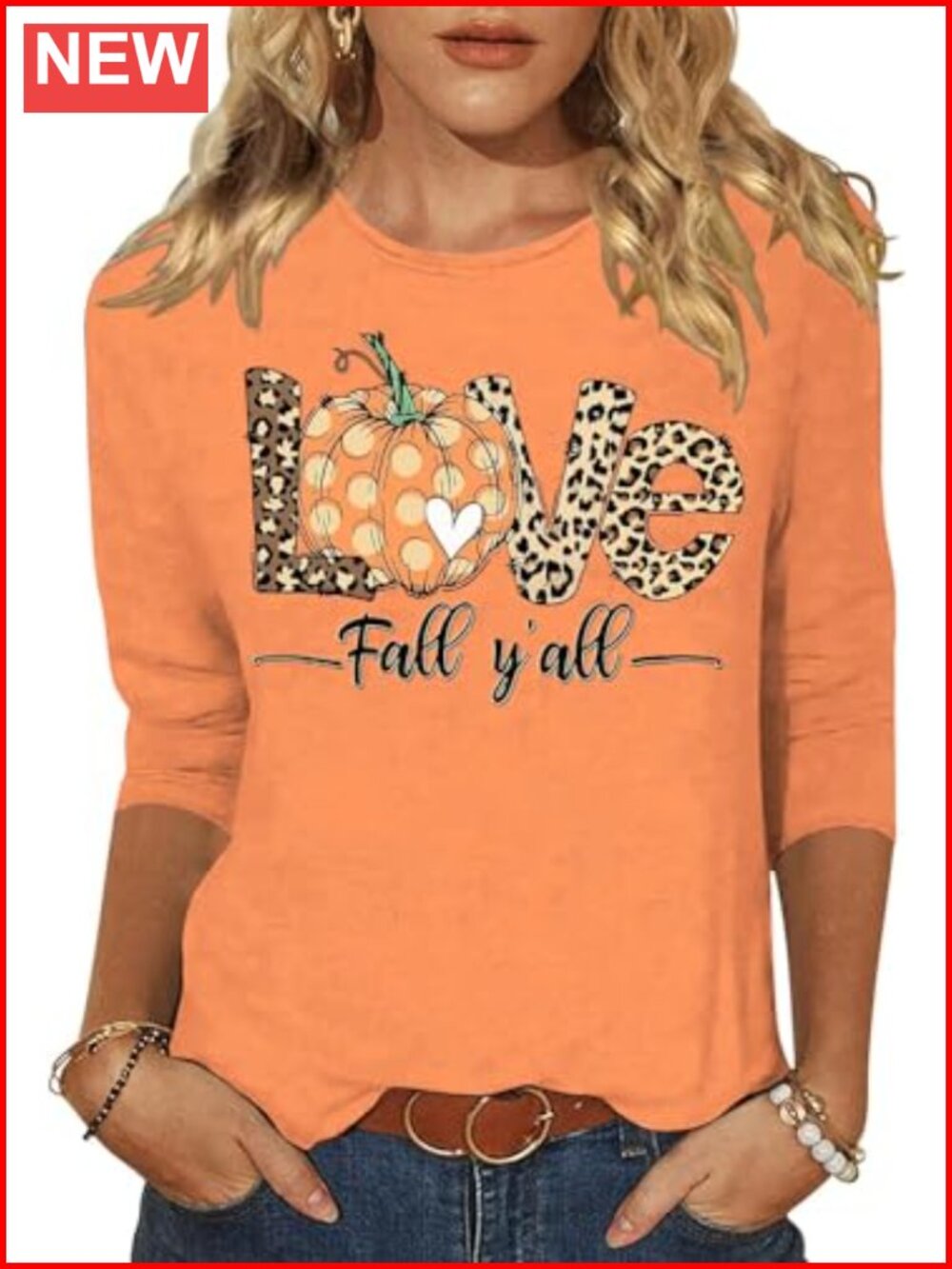 Womens 3/4 Sleeve Crew Neck Tee Halloween Pumpkin Fall Tunic Top